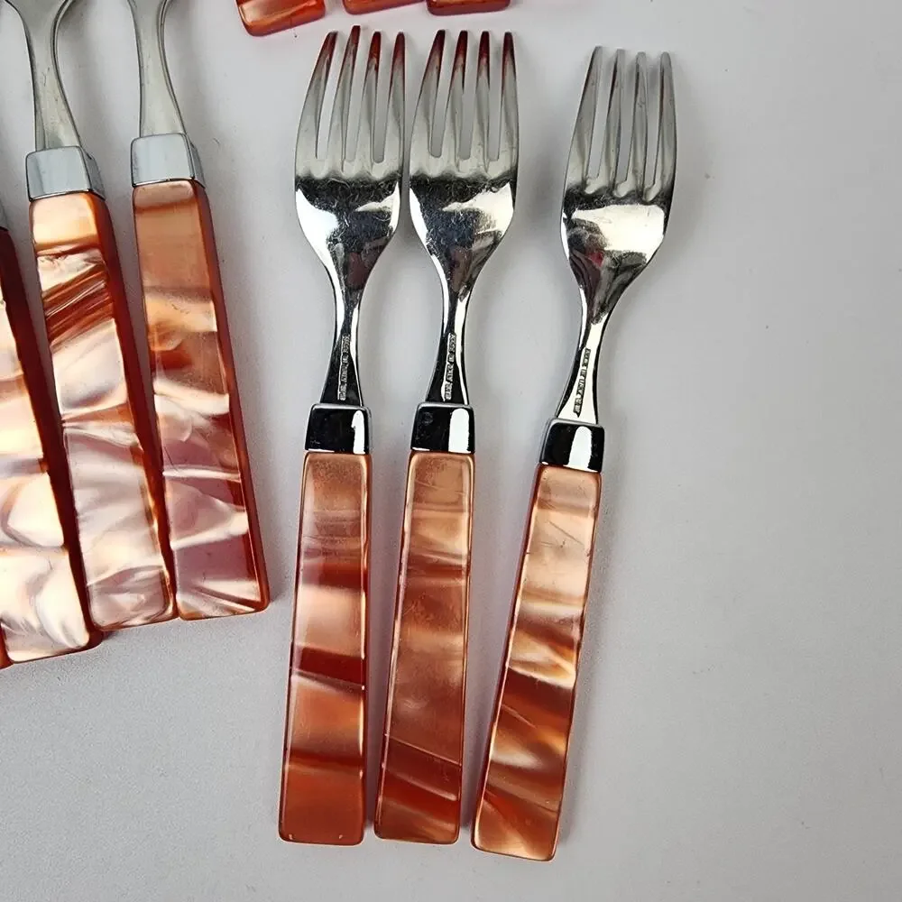 Inox 18/10 Italy Orange Swirl Acrylic Handle Modern Sleek Flatware 19pc